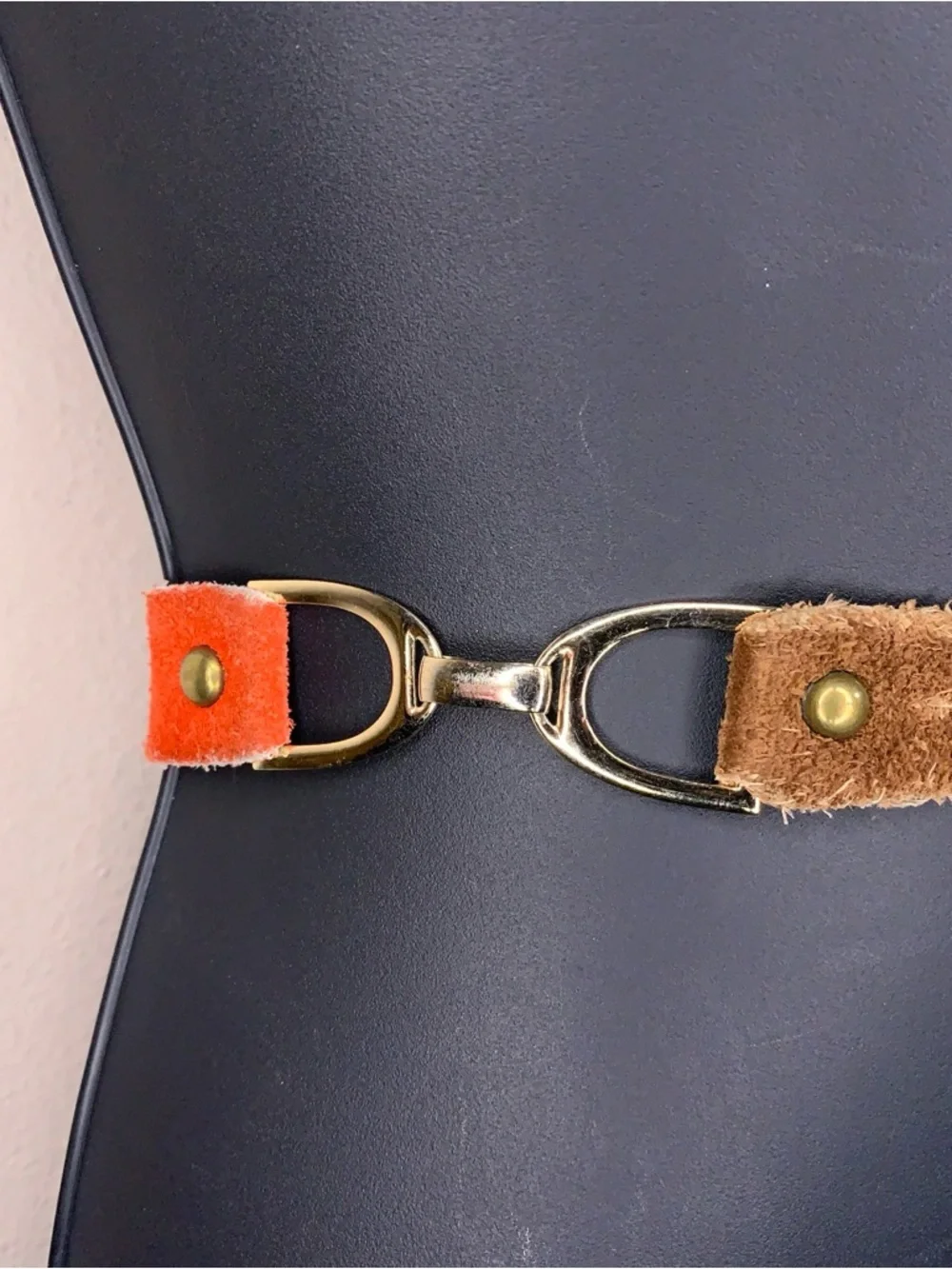 Vintage Small Western Belt Leather Multitone Red Tan Brown Gold Buckle Boho